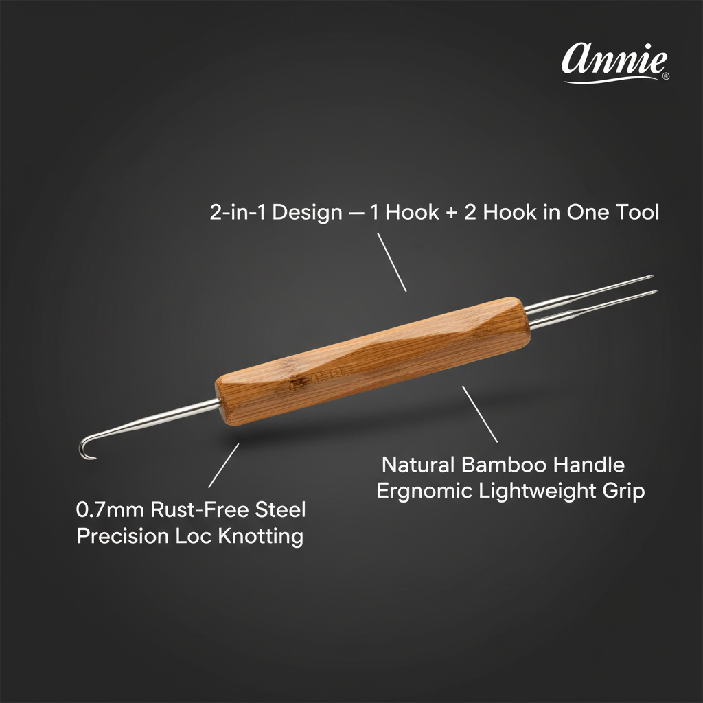 Annie Dreadlocks Crochet Needle 2 In 1 0.75mm, 1 Count, Wood with natural bamboo handle for ergonomic lightweight grip, featuring rust-free steel hooks for precise loc knotting in a dual-use design.
