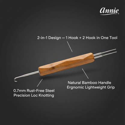 Annie Dreadlocks Crochet Needle 2 In 1 0.75mm, 1 Count, Wood with natural bamboo handle for ergonomic lightweight grip, featuring rust-free steel hooks for precise loc knotting in a dual-use design.