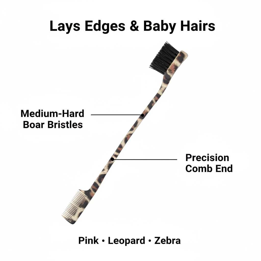 Joy Double-Sided Edge Brush and Comb, 1 Count, Assorted Animal Patterns featuring medium-hard boar bristles for edge control and a precision comb end for styling baby hairs, available in pink, leopard, and zebra designs.