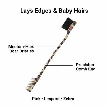 Joy Double-Sided Edge Brush and Comb, 1 Count, Assorted Animal Patterns featuring medium-hard boar bristles for edge control and a precision comb end for styling baby hairs, available in pink, leopard, and zebra designs.