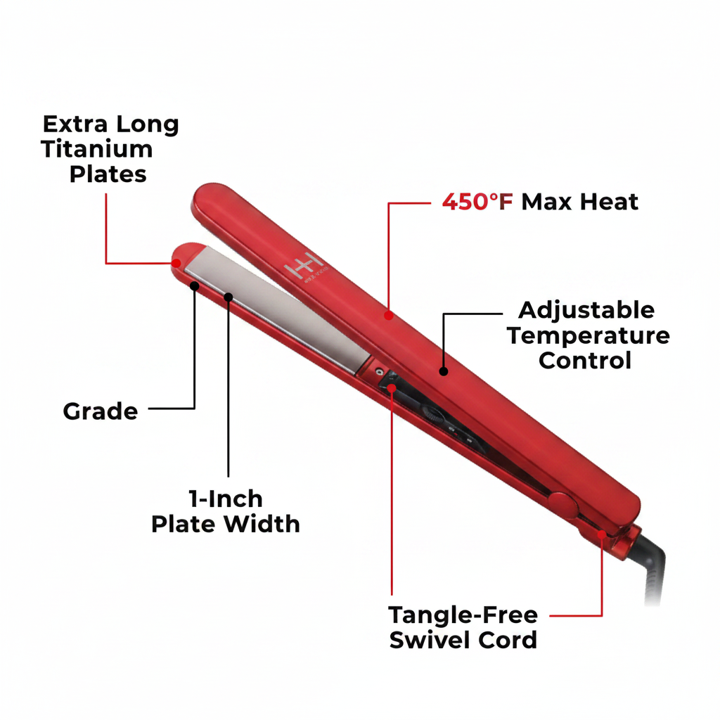 Plancha Alisadora de Titanio Extra Larga Hot & Hotter de 1 Pulgada, 1 Unidad, Roja