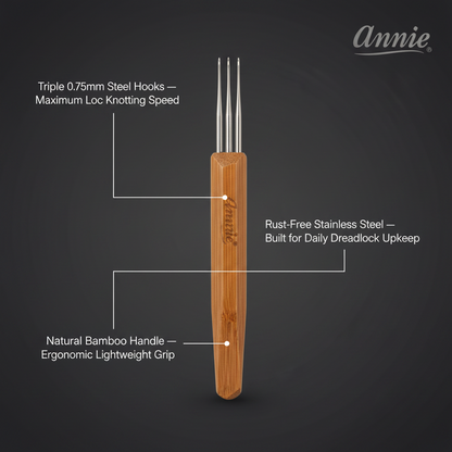 Annie Dreadlocks Crochet Needle 3 Hook 0.75mm, 1 Count, Wood with triple rust-free steel hooks for fast loc knotting, featuring a natural bamboo handle for ergonomic, lightweight grip.