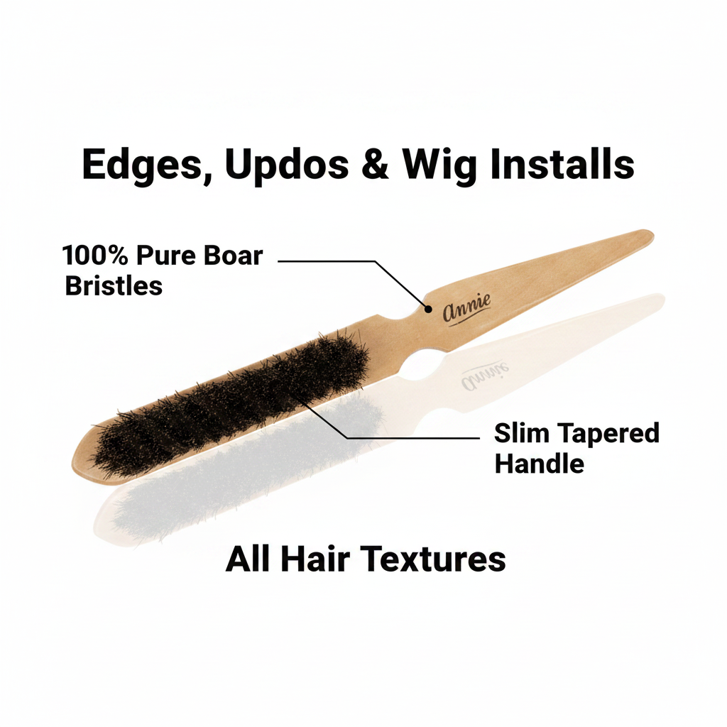 Annie Ultimate Edge & Updo Brush 100% Boar Bristle, 1 Count, Light Brown with slim tapered wooden handle and dense natural bristles, designed for edges, updos, and wig installs on all hair textures.