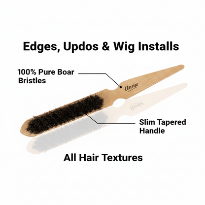 Annie Ultimate Edge & Updo Brush 100% Boar Bristle, 1 Count, Light Brown with slim tapered wooden handle and dense natural bristles, designed for edges, updos, and wig installs on all hair textures.