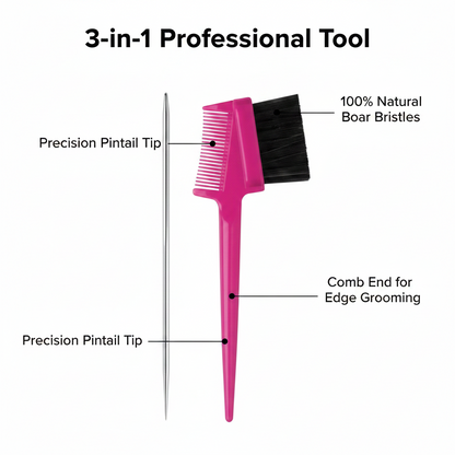 Joy 3 in 1 Pintail Edge Brush & Comb Jar, 24 Count, Assorted Colors showing a pink dual-sided edge grooming tool with natural boar bristles, comb end, and precision pintail tips for professional styling.