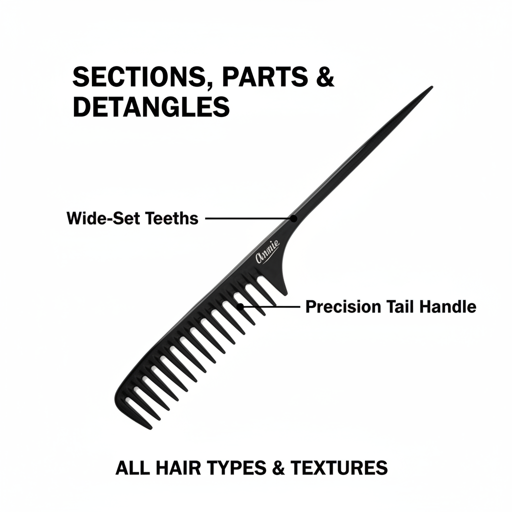Black large tail comb featuring wide-set teeth for gentle detangling and a precision pointed handle for easy sectioning, designed for all hair textures and styling needs.