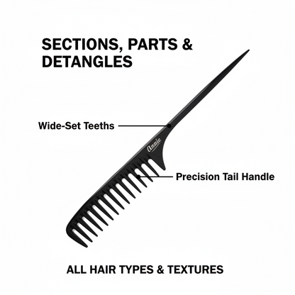 Black large tail comb featuring wide-set teeth for gentle detangling and a precision pointed handle for easy sectioning, designed for all hair textures and styling needs.
