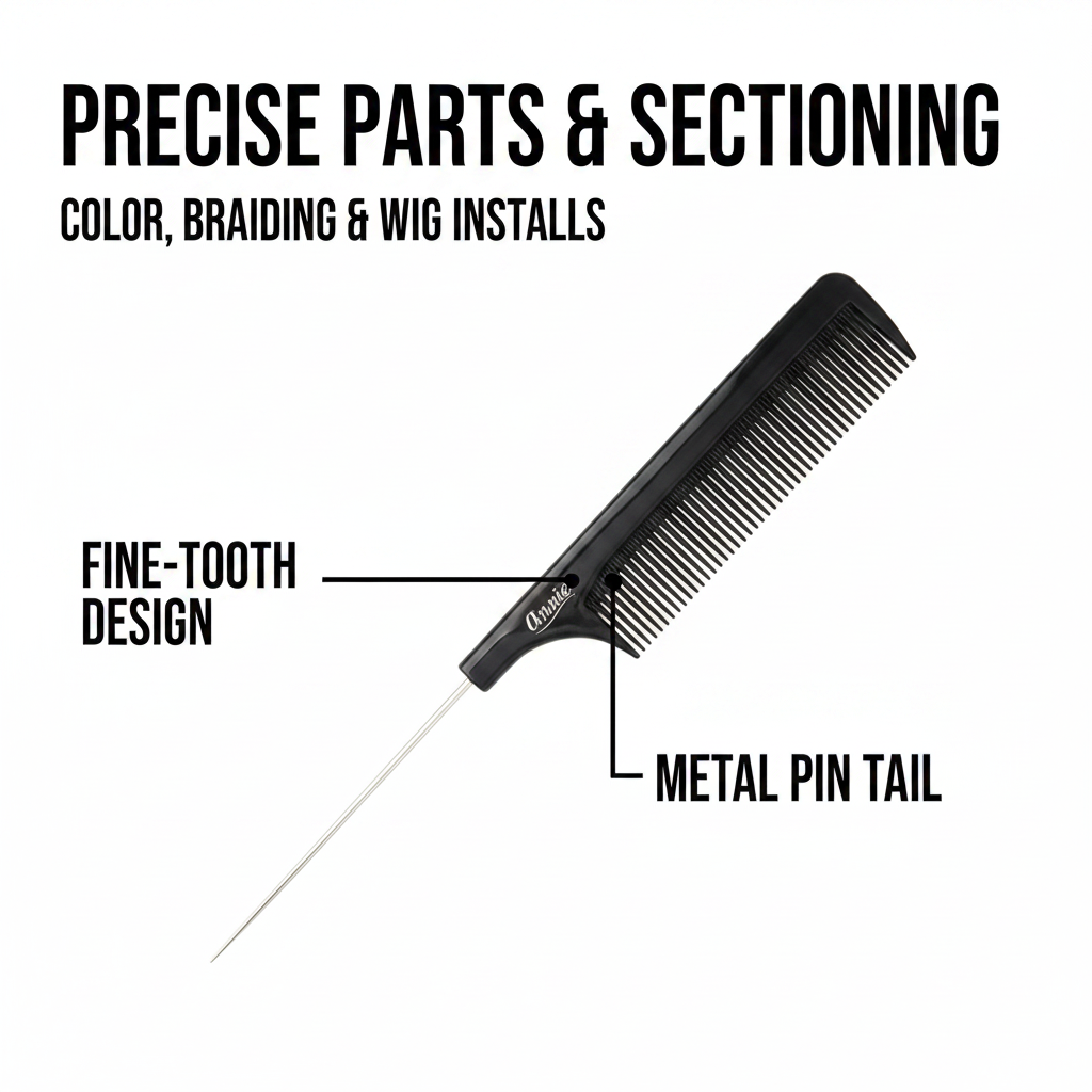 Black pin tail comb with fine teeth and a slender metal tail designed for precise sectioning and parting in color treatments, braiding, and wig installations on textured hair.