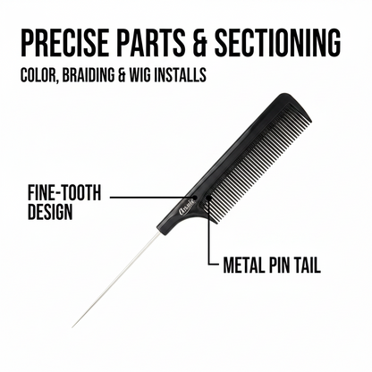 Black pin tail comb with fine teeth and a slender metal tail designed for precise sectioning and parting in color treatments, braiding, and wig installations on textured hair.