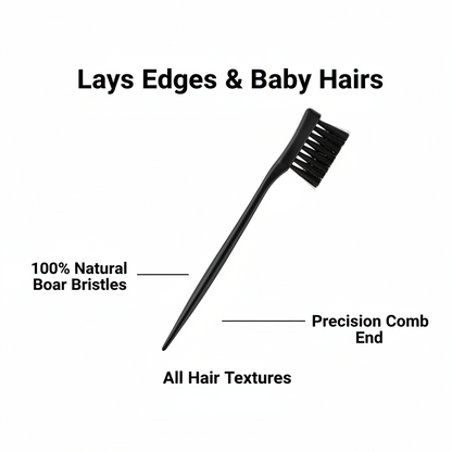 Black dual-ended edge styling tool with natural boar bristle brush on one side and pointed precision comb on the other, designed for smoothing edges on all hair textures.