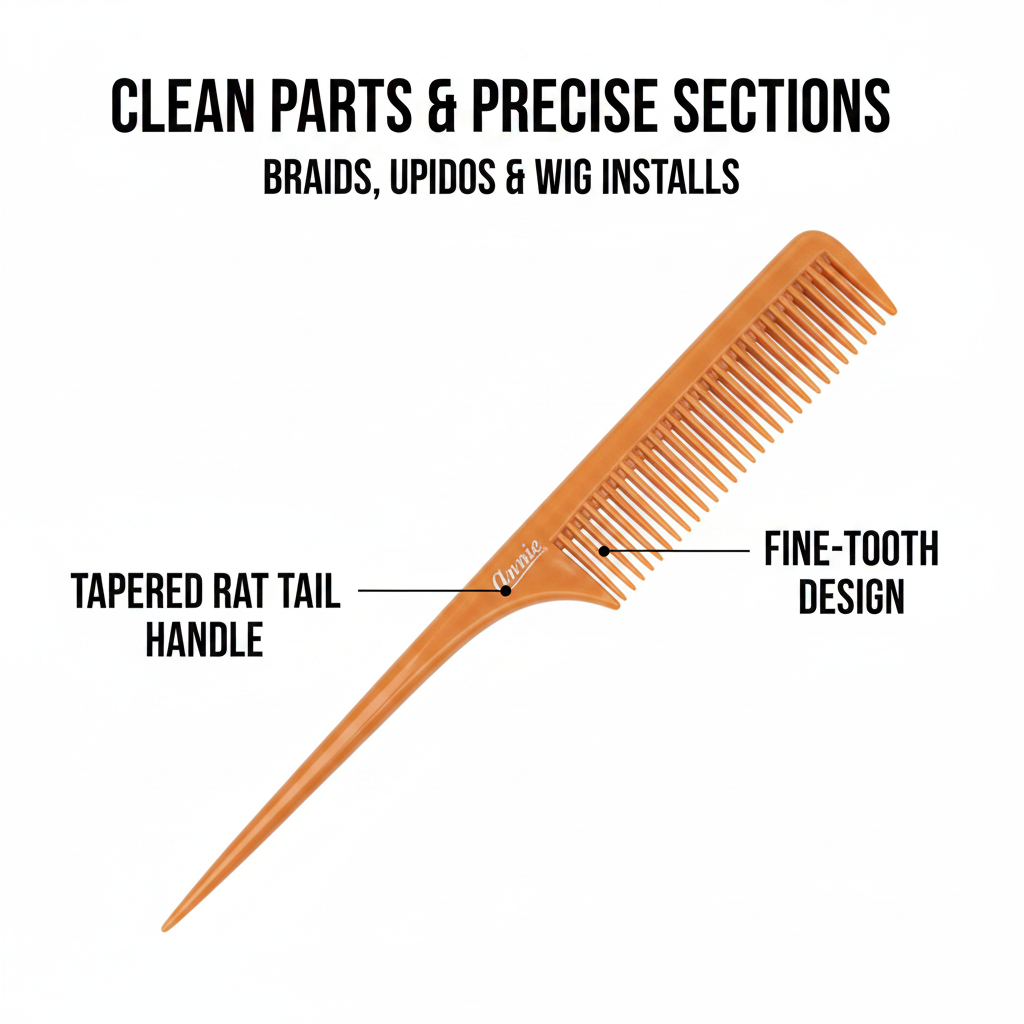 Orange rat tail comb with a tapered handle and fine teeth, designed for precise parting and sectioning in braids, updos, and wig installations on textured and natural hair.