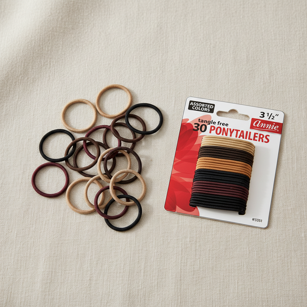 Annie Tangle Free Ponytailers 3 1/2 Inch, 30 Count, Assorted Colors displayed with a variety of smooth, snag-resistant bands designed for secure, gentle hold in professional and everyday hairstyles.