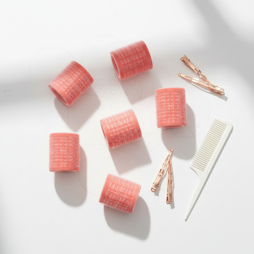 Six pink self-grip hair rollers with textured surfaces arranged with three rose gold hair clips and a white rat-tail comb, designed for gentle styling of textured hair.