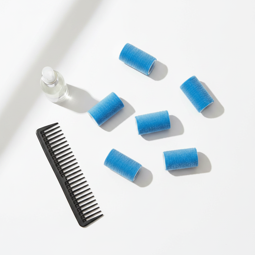 Six blue 1-inch self-grip hair rollers with velour texture paired with a wide-tooth black comb and a small clear spray bottle for textured and natural hair styling routines.
