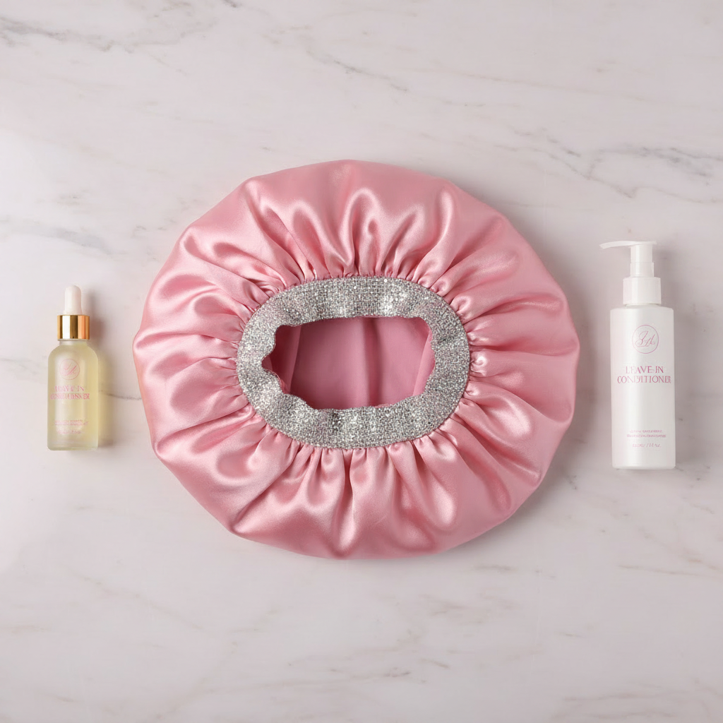 Extra-large pink satin bonnet with a sparkling rhinestone embellished elastic band, designed to protect and maintain moisture for textured and natural hair, paired with hair care bottles on a marble surface.