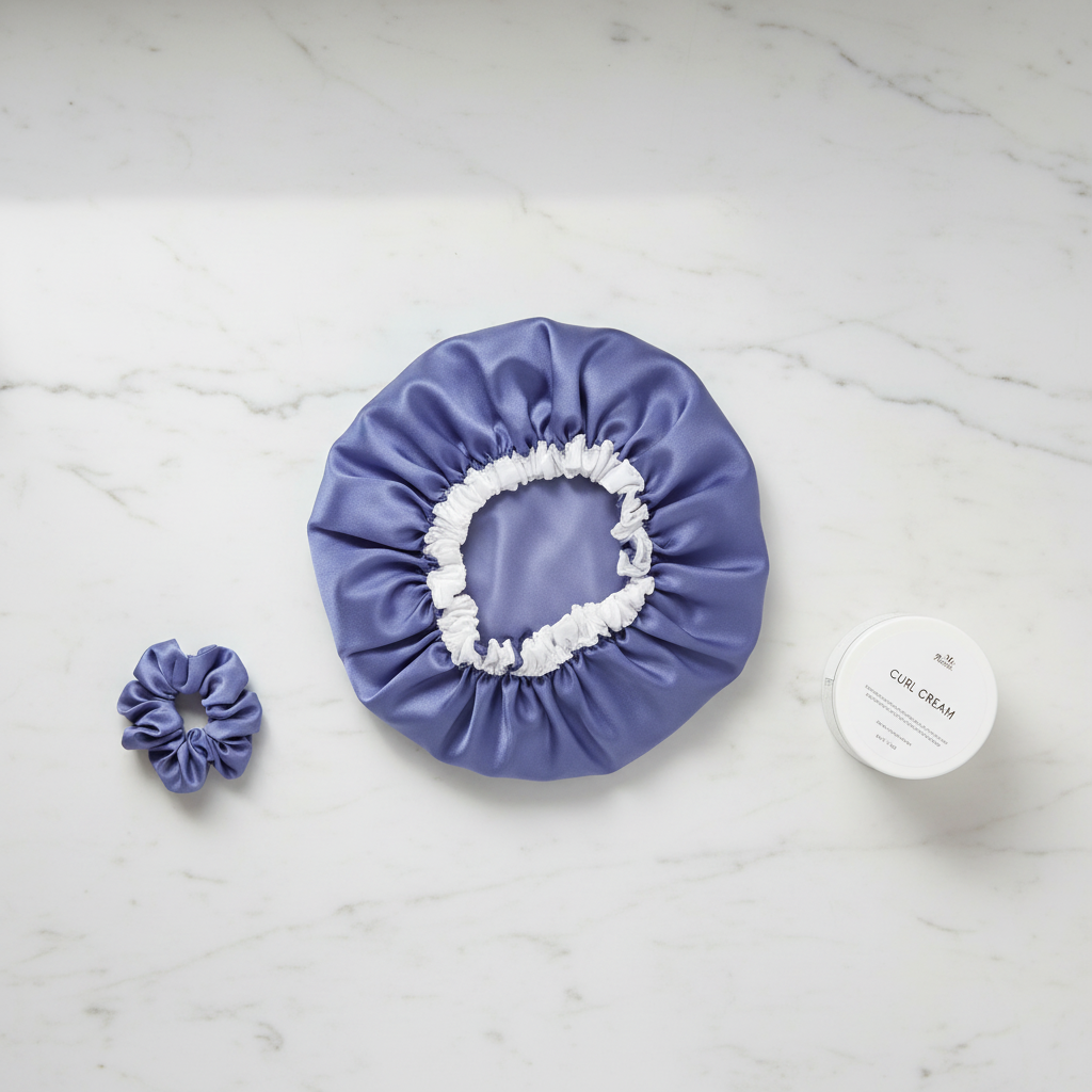 Flat-lay of a medium-sized purple satin bonnet with white elastic trim, a matching purple satin scrunchie, and a white jar of curl cream on a marble surface, styled for textured hair care.