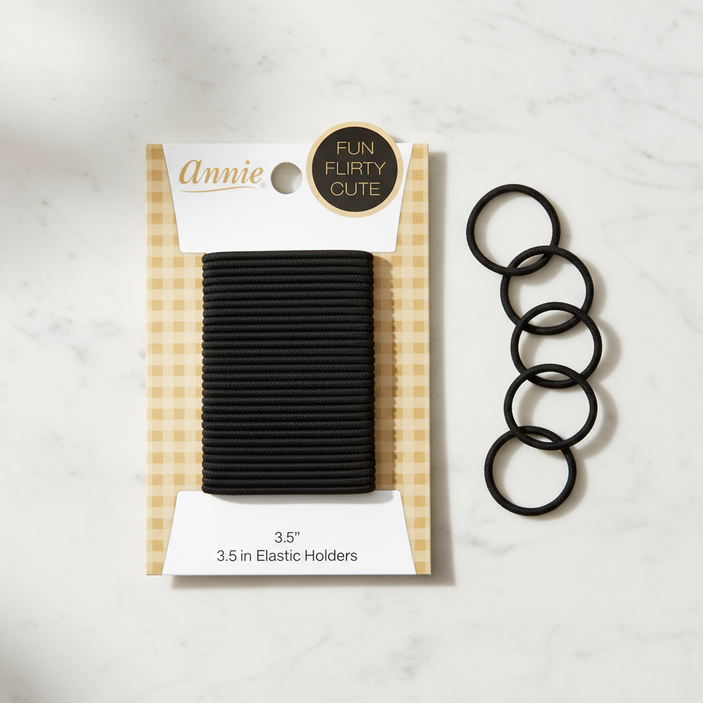 Black elastic hair bands arranged in rows on a gingham-patterned card, with several loose bands beside it, designed for textured and multicultural hair styling.