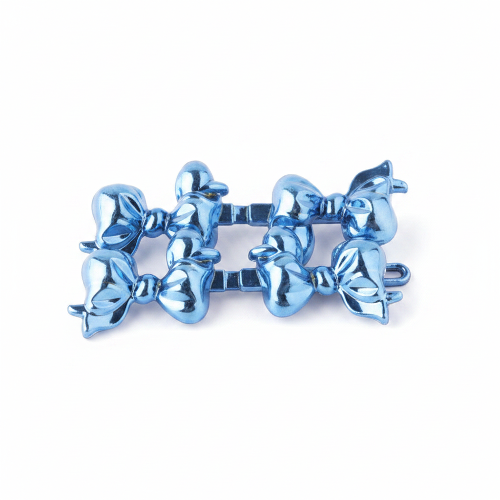 Set of metallic blue bow-shaped hair barrettes designed for secure, snag-free styling on textured and multicultural hair, ideal for braiding or twisting.