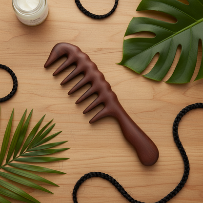 Sandalwood styled rake comb with wide teeth designed for detangling textured and natural hair, surrounded by green leaves and black braided hair ties on a wooden surface.