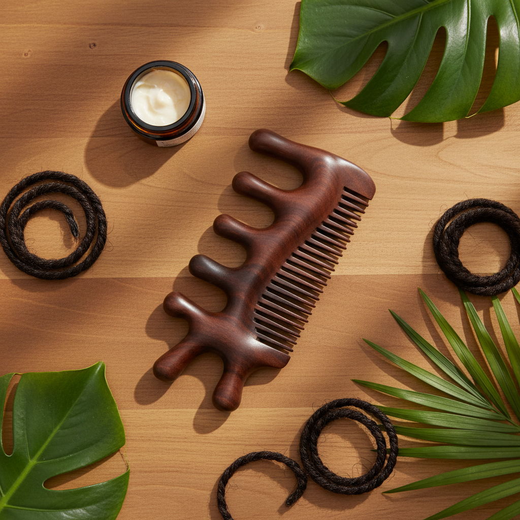 Sandalwood massage comb with wide and fine teeth placed on a wooden surface surrounded by hair locs, a jar of cream, and tropical green leaves for natural hair care styling.
