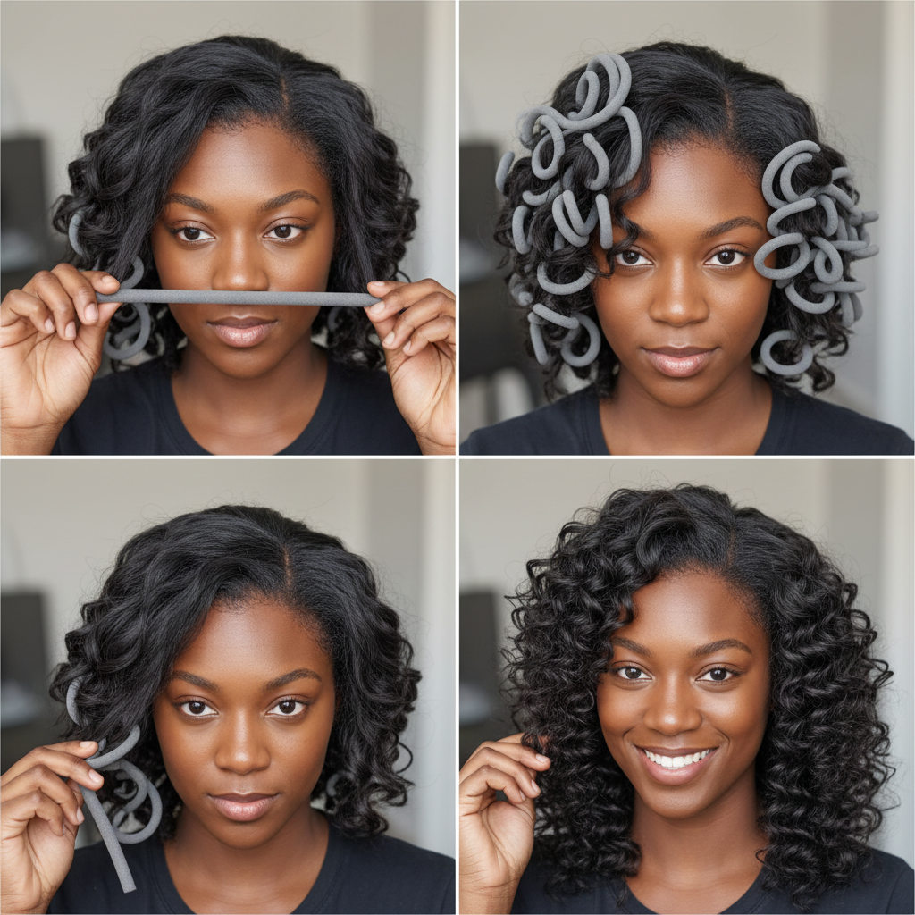 Annie Soft Twist Hair Rollers 11/16 Inch, 6 Count, Grey shown in a step-by-step demonstration on natural textured hair creating defined, bouncy curls with a gentle twist and release method.