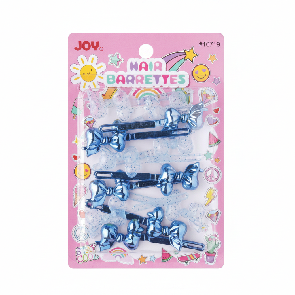 Set of metallic blue bow-shaped barrettes and clear glitter barrettes on a colorful pink card designed for textured and multicultural hair styling.