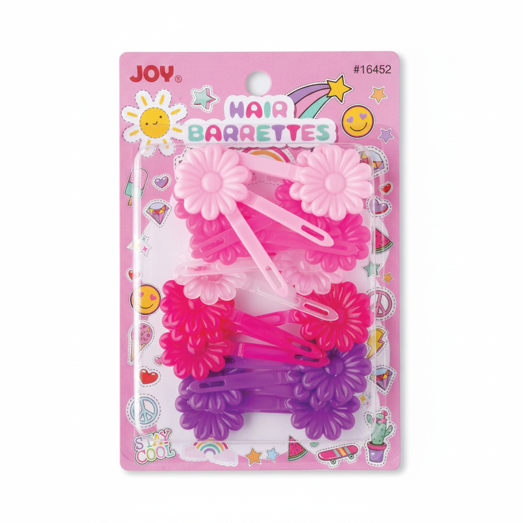 Pack of 20 assorted pink and purple flower-shaped barrettes designed for textured and multicultural hair, offering gentle, snag-free hold for everyday styling.