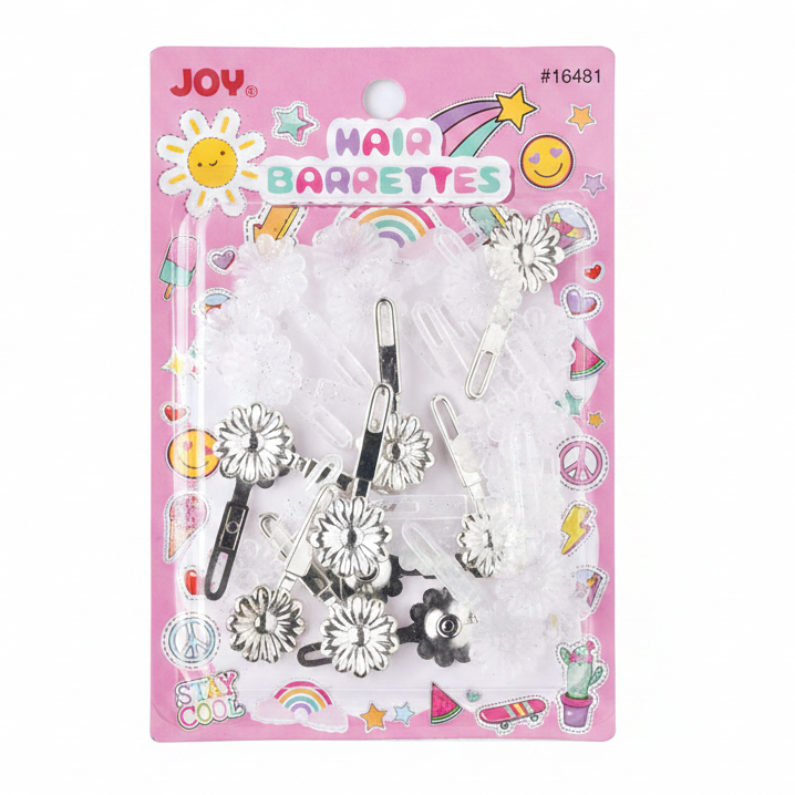 Assorted silver and clear daisy-shaped barrettes on a pink card with colorful, playful designs, designed for secure, snag-free hold on textured and multicultural hair.