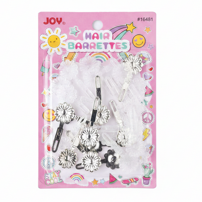 Assorted silver and clear daisy-shaped barrettes on a pink card with colorful, playful designs, designed for secure, snag-free hold on textured and multicultural hair.