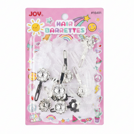 Assorted silver and clear daisy-shaped barrettes on a pink card with colorful, playful designs, designed for secure, snag-free hold on textured and multicultural hair.