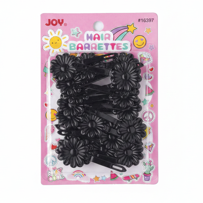 Pack of 20 black flower-shaped barrettes on pink card with colorful playful graphics, designed for easy use on textured and multicultural hair by Annie International.