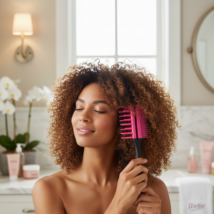 Woman gently detangling her natural curly hair with a pink multi-style comb, demonstrating care for textured hair in a bright, stylish bathroom setting.