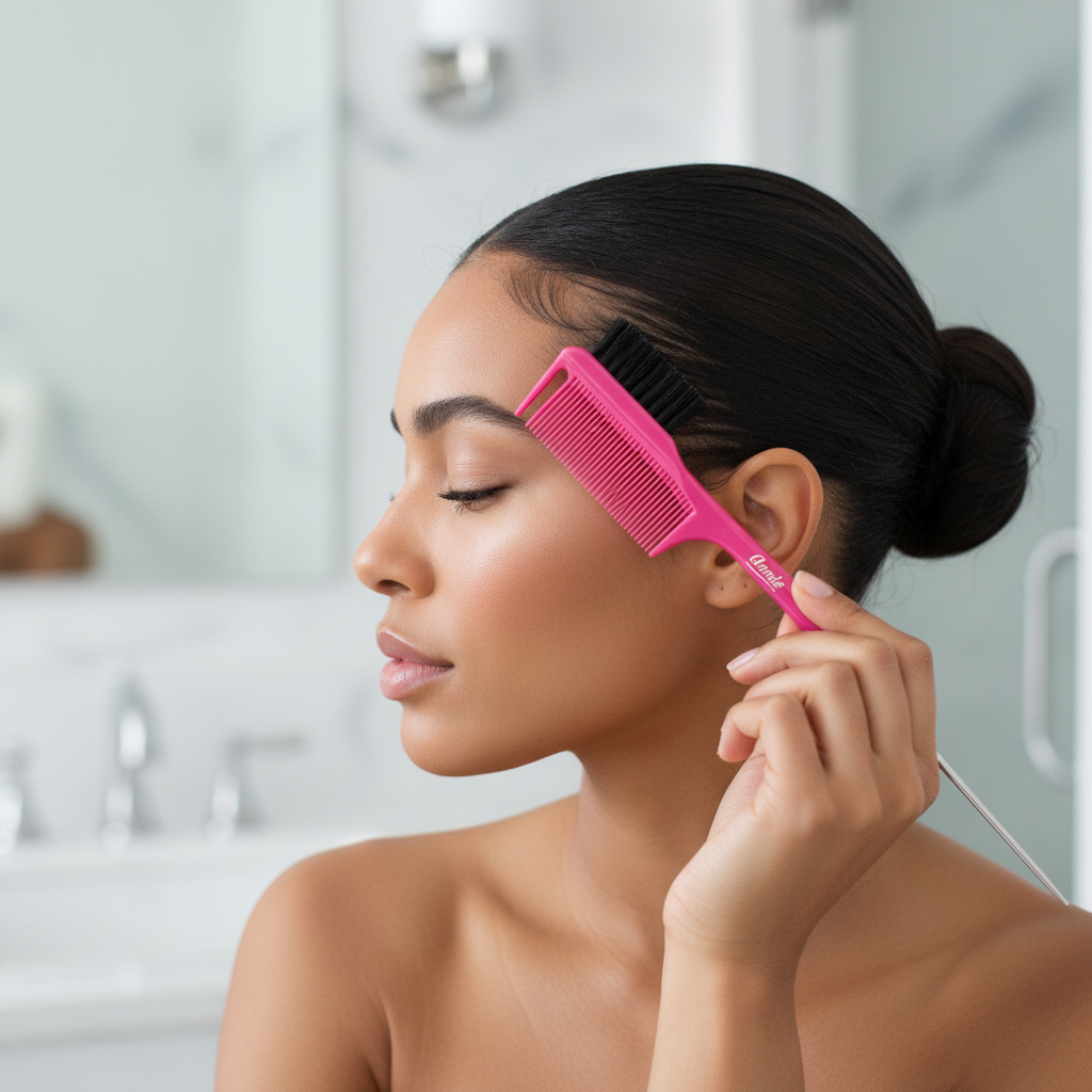 Woman with smooth, styled hair using Annie All In One Carbon Edge Brush & Comb, 1 Count, Assorted Colors in bright pink to tame edges in a modern bathroom setting.