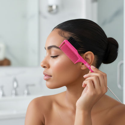 Woman with smooth, styled hair using Annie All In One Carbon Edge Brush & Comb, 1 Count, Assorted Colors in bright pink to tame edges in a modern bathroom setting.