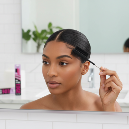 Woman using Annie All In One Carbon Edge Brush & Comb, 1 Count, Black to smooth edges of sleek hair in front of bathroom mirror, showcasing precise grooming and styling.