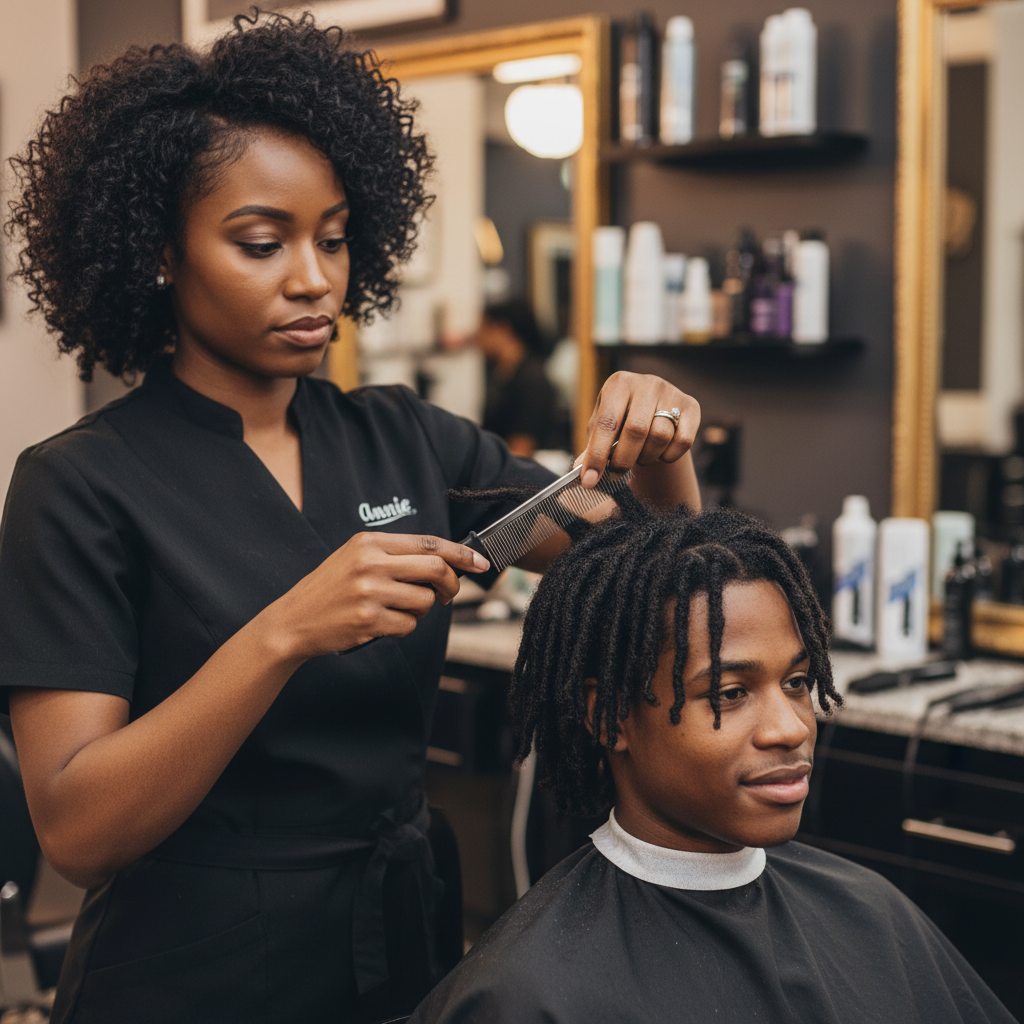 Stylist using Annie Dreadlock Comb, 1 Count, Black to neatly section natural textured hair on a seated client in a professional salon setting.