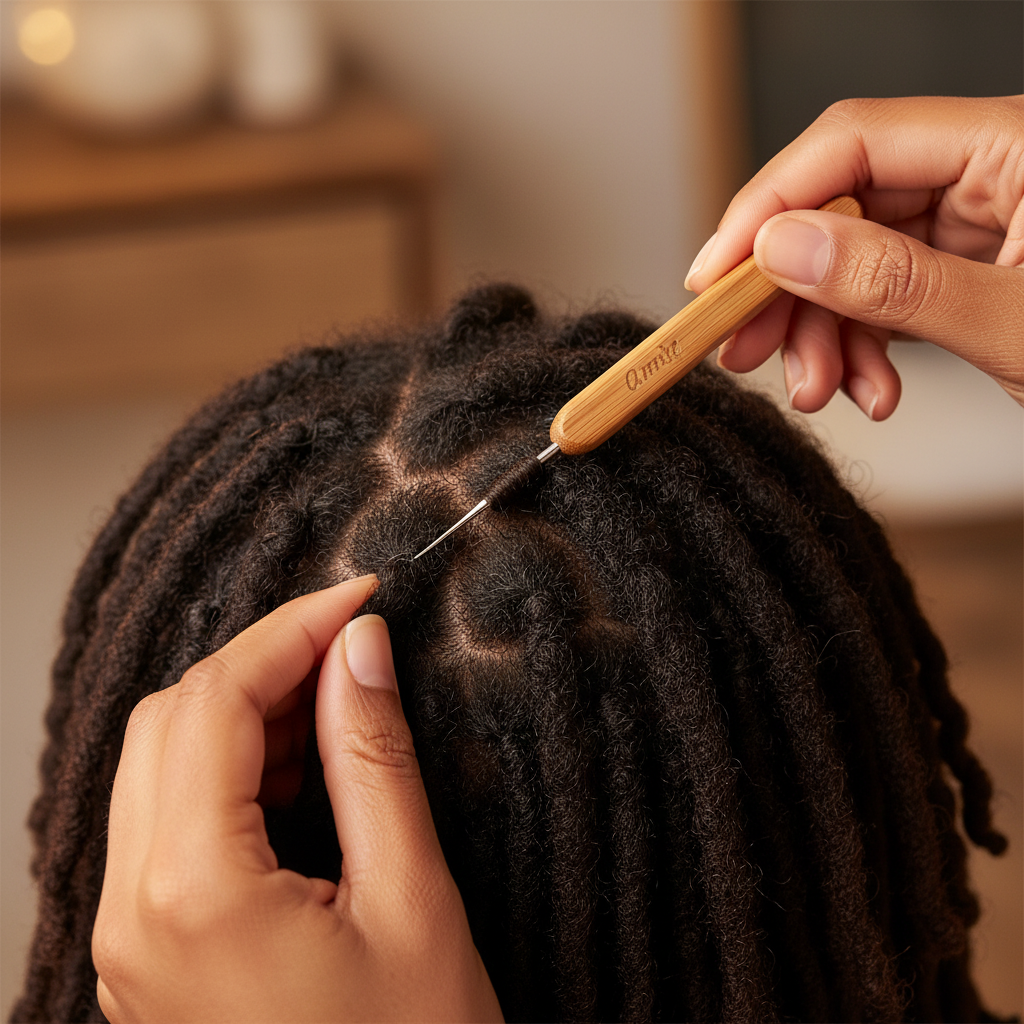 Close-up of hands using Annie Dreadlocks Crochet Needle 1 Hook 0.75mm, 1 Count, Wood to maintain and style natural dreadlocks by tightening roots with precision.