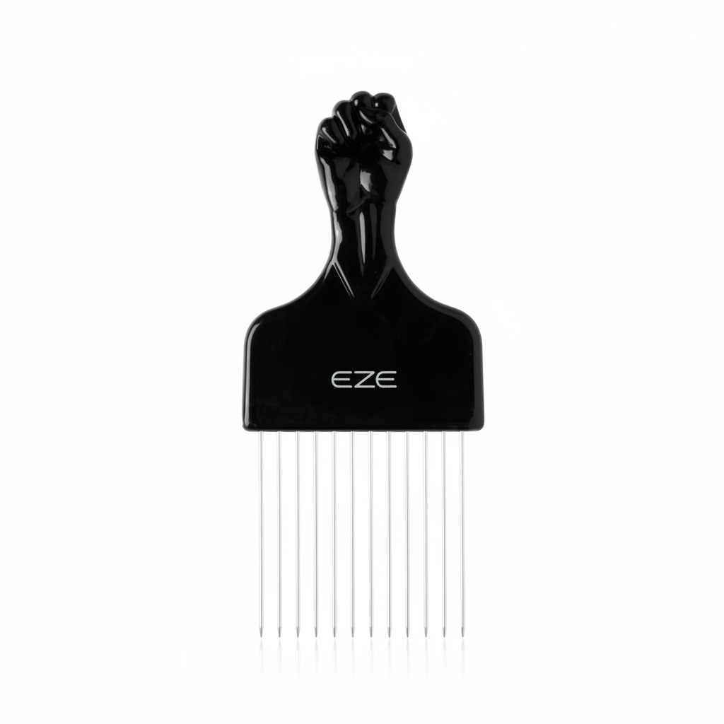 EZE Urban Series Fist Styling Pik Short 2.5 Inch, 1 Count, Black featuring a sturdy handle shaped like a raised fist and long metal teeth for effortless detangling and lifting textured hair.