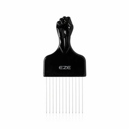 EZE Urban Series Fist Styling Pik Short 2.5 Inch, 1 Count, Black featuring a sturdy handle shaped like a raised fist and long metal teeth for effortless detangling and lifting textured hair.