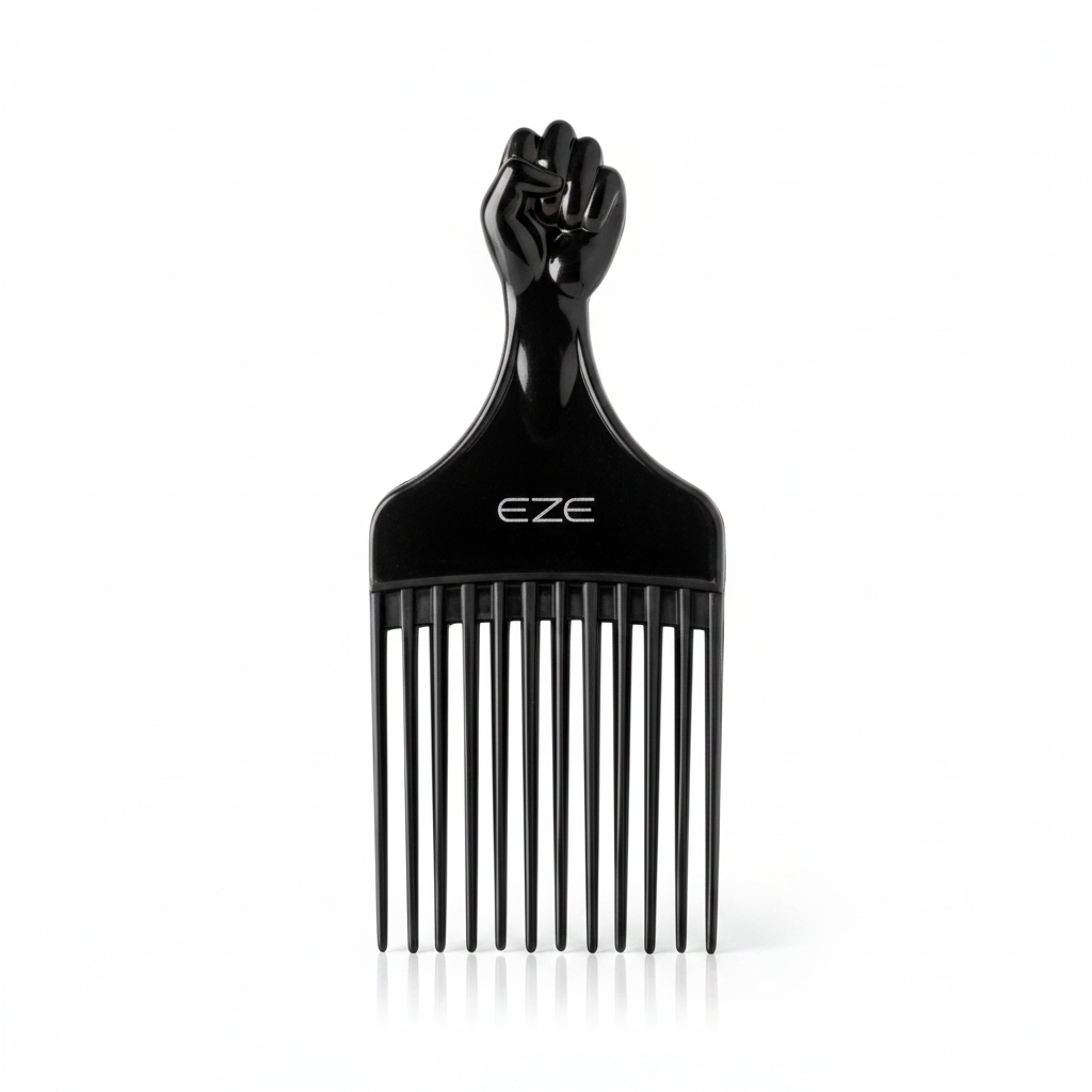 EZE Urban Series Fist Styling Plastic Pik Short, 1 Count, Black with a raised fist handle and wide-spaced teeth designed for lifting and styling natural textured hair with precision.