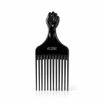 EZE Urban Series Fist Styling Plastic Pik Short, 1 Count, Black with a raised fist handle and wide-spaced teeth designed for lifting and styling natural textured hair with precision.