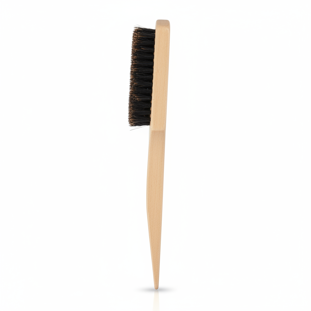 Annie Ultimate Edge & Updo Brush 100% Boar Bristle, 1 Count, Light Brown with a fine wooden handle and dense dark bristles designed for precise hairstyling and edge control.