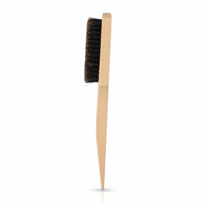 Annie Ultimate Edge & Updo Brush 100% Boar Bristle, 1 Count, Light Brown with a fine wooden handle and dense dark bristles designed for precise hairstyling and edge control.