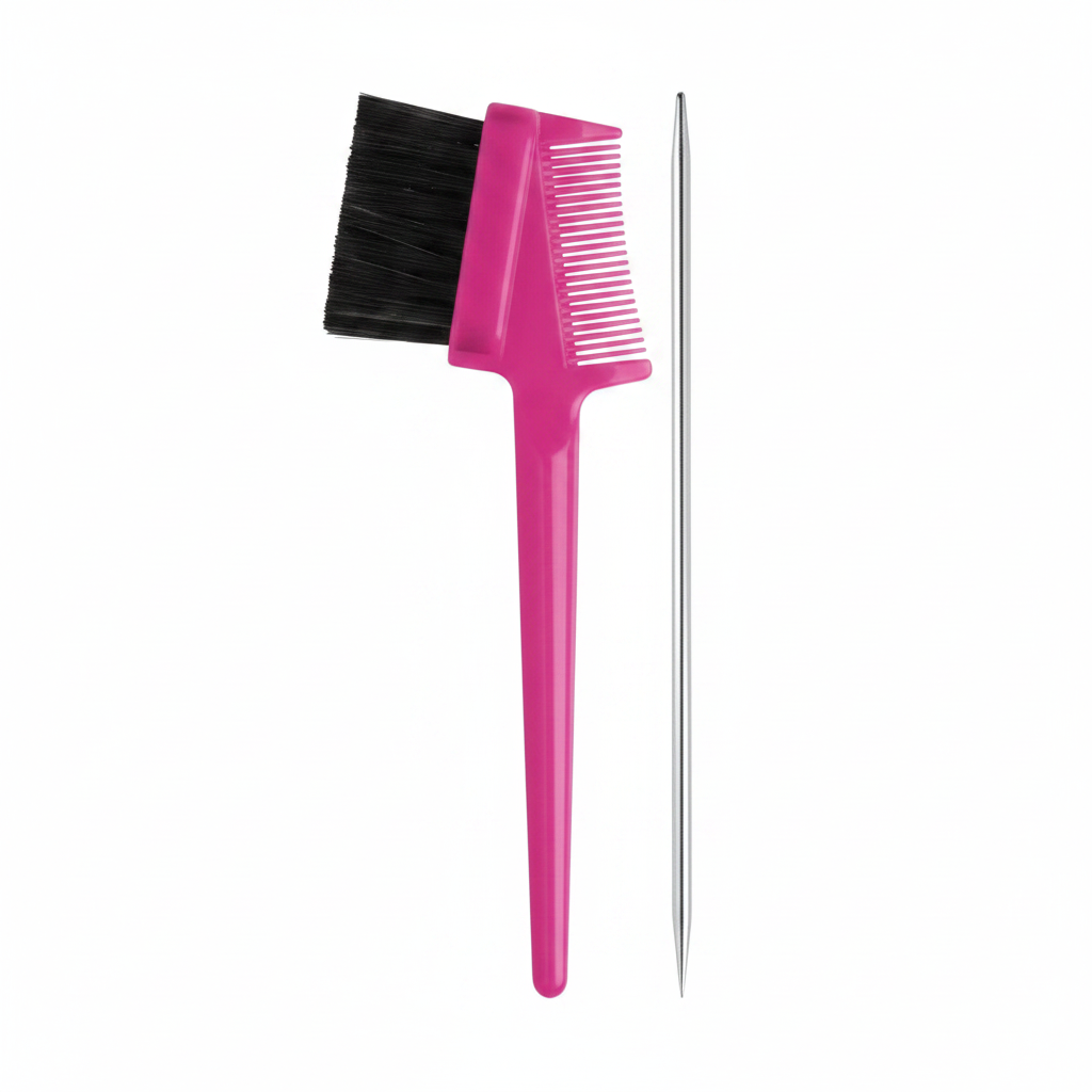 Joy 3 in 1 Pintail Edge Brush & Comb Jar, 24 Count, Assorted Colors featuring a bright pink dual-sided edge brush with comb and a sleek silver metal pincurl tail tool on white background.