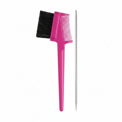 Joy 3 in 1 Pintail Edge Brush & Comb Jar, 24 Count, Assorted Colors featuring a bright pink dual-sided edge brush with comb and a sleek silver metal pincurl tail tool on white background.