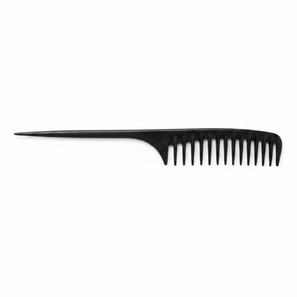 Black large tail comb with widely spaced teeth and a long pointed handle designed for easy sectioning and detangling of textured and natural hair by Annie International.