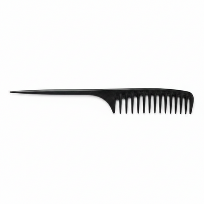 Black large tail comb with widely spaced teeth and a long pointed handle designed for easy sectioning and detangling of textured and natural hair by Annie International.