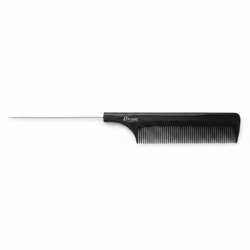 Black pin tail comb with fine, closely spaced teeth and a long metal tail for precise sectioning and parting, designed for textured and natural hair styling.
