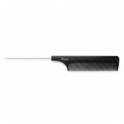Black pin tail comb with fine, closely spaced teeth and a long metal tail for precise sectioning and parting, designed for textured and natural hair styling.