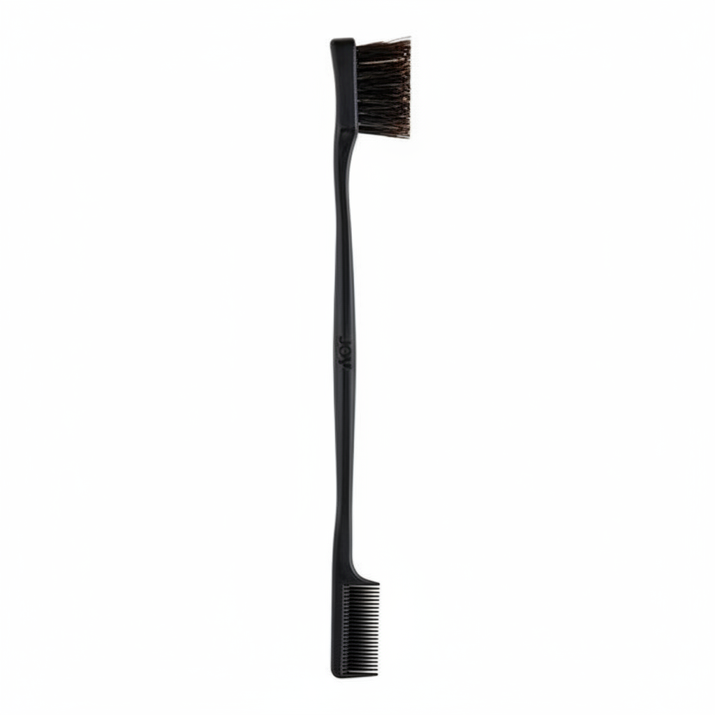 Sleek black double-sided edge tool featuring a fine-tooth comb on one end and soft bristles on the other, designed for precise styling and smoothing of textured hair.